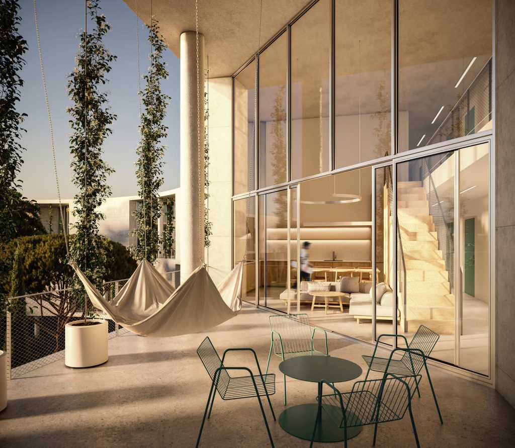 Student Housing high-end visualization of balcony with a hammock in cyprus university
