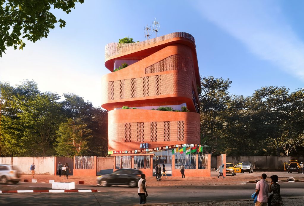 high-end architectural visualization of salmon building with cars and pedestrians