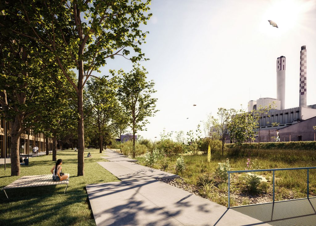 virtual reality metaverse of saint louis park with trees and a girl sitting on a bench