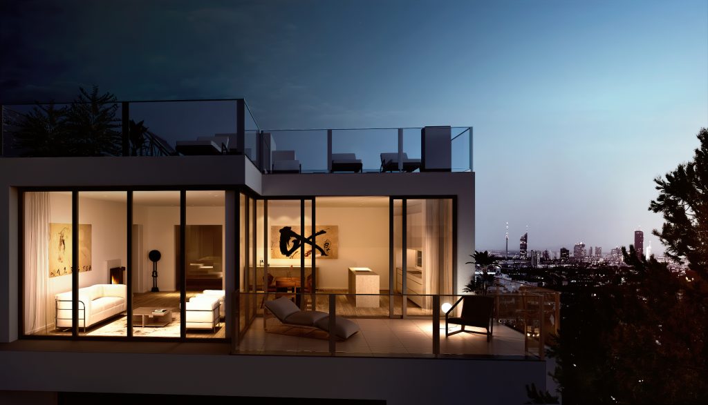 high-end architectural visualization minimalist apartment building at night