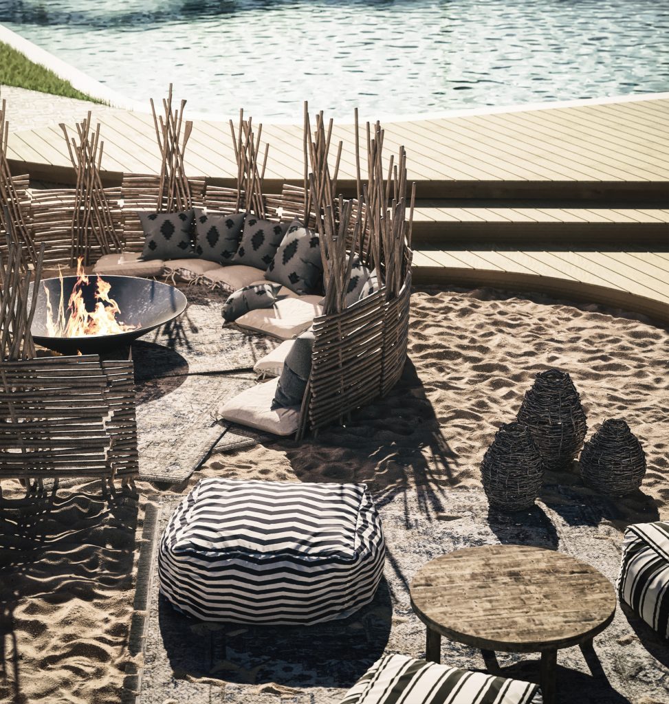 hotel high-end visualization cushions and table in the desert with bonfire