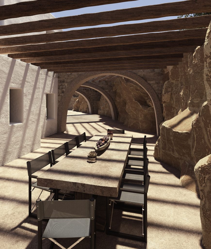 Architectural Animation - high-end visualization detail of table and chairs in private residence in sifnos, greece