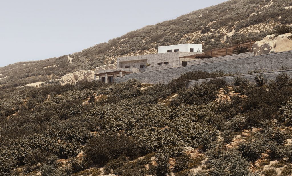 private resicente in sifnos, greece, surrounded by bushes and mountain
