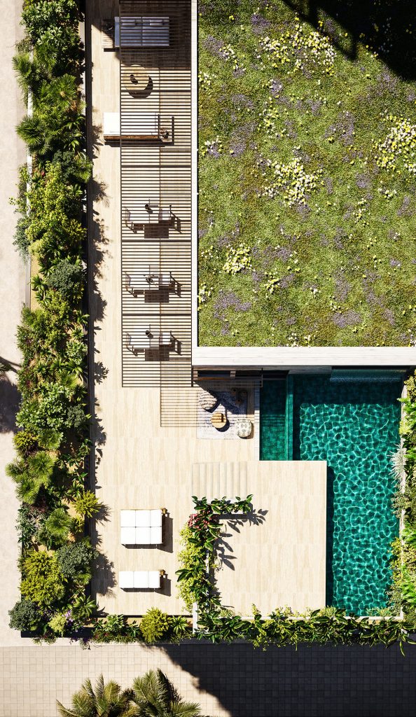 green building bird's eye of rooftop with plants and pool in alexandre rotier green building in ivory coast high-end architectural visualization
