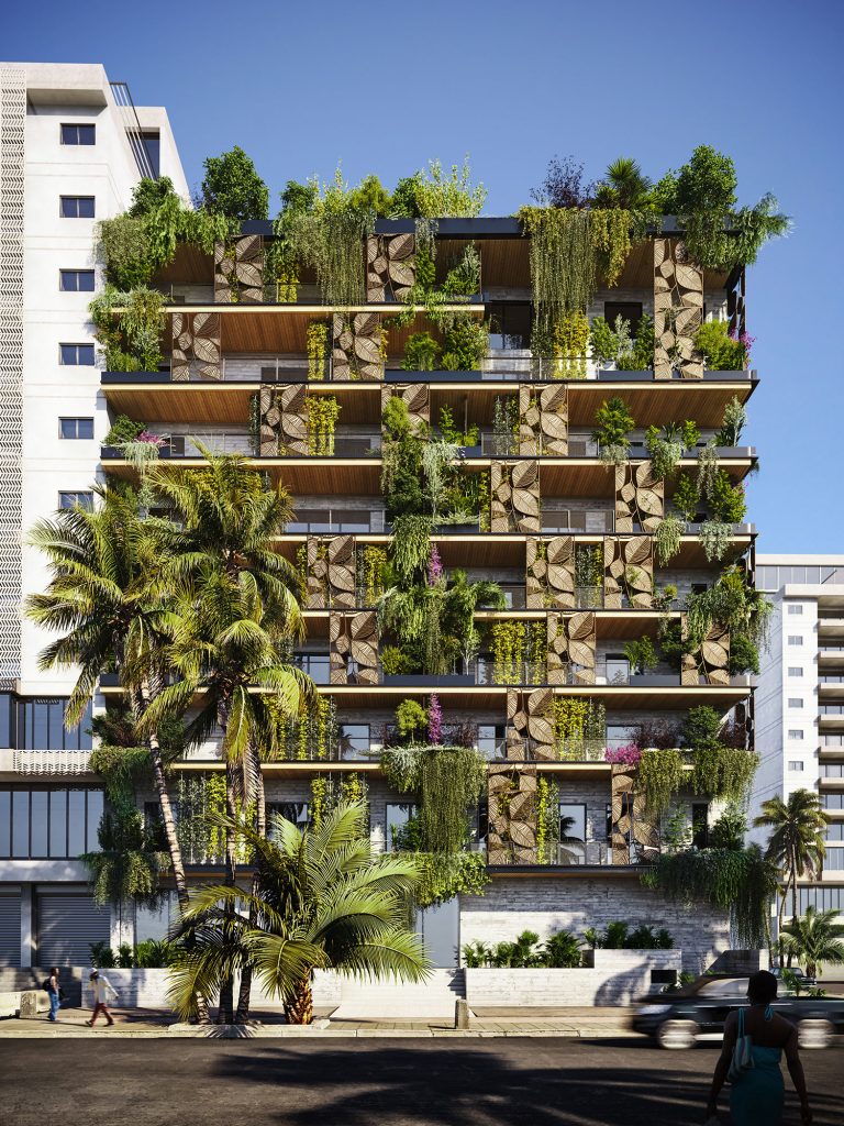 green building front view of organic building alexandre rotier green building in ivory coast high-end architectural visualization