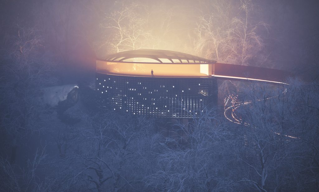 terra virtual reality metaverse futuristic spiral building in night forest