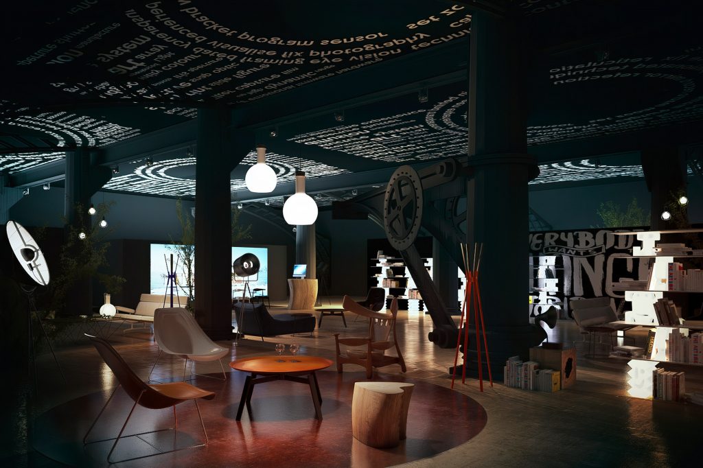 high-end visualization of interior of a concept store restaurant in barcelona