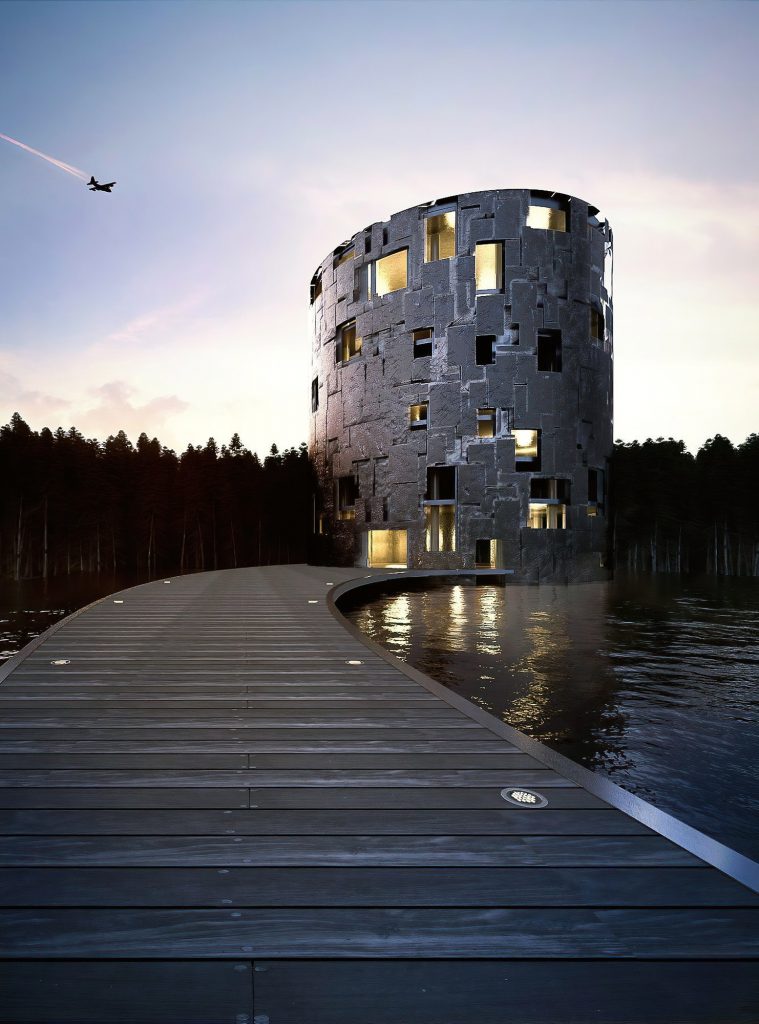 high-end architectural visualization of wooden bridge and modern building with sunset, for hotel competition in sweden