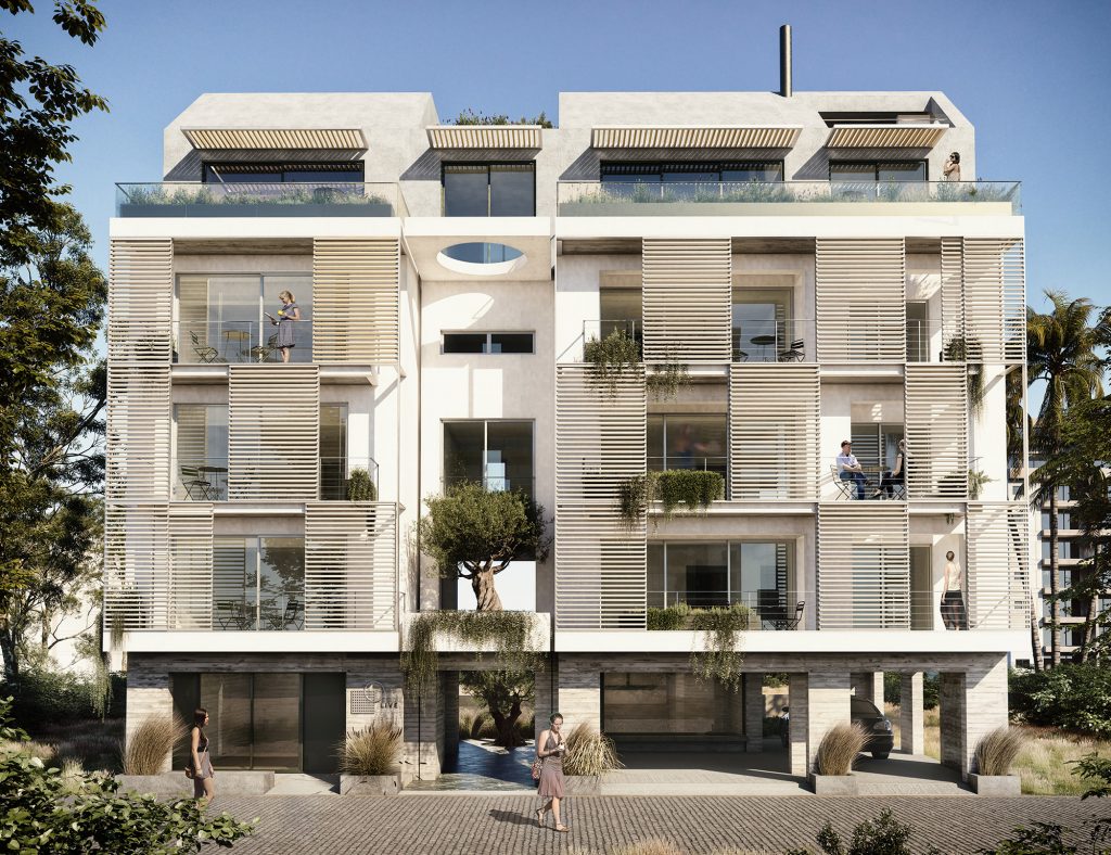 high-end visualization of white modern building with people for kipseli architects