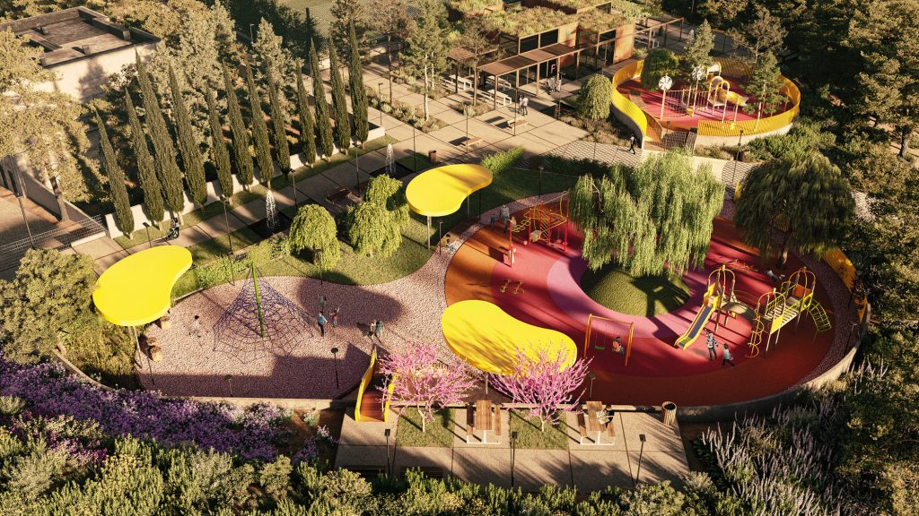 park development in lofos architectural visualization of modern yellow and pink playground and kids development park