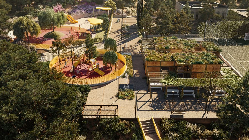 park development in lofos high-end architectural visualization of modern yellow kids park and trees