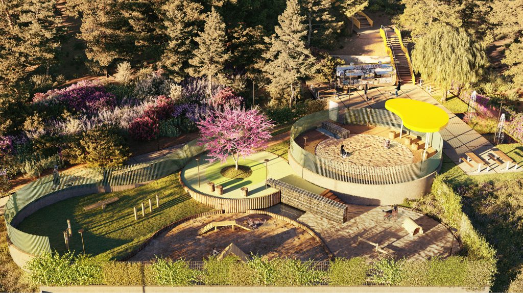 park development in lofos high-end architectural visualization of park with purple trees and bushes