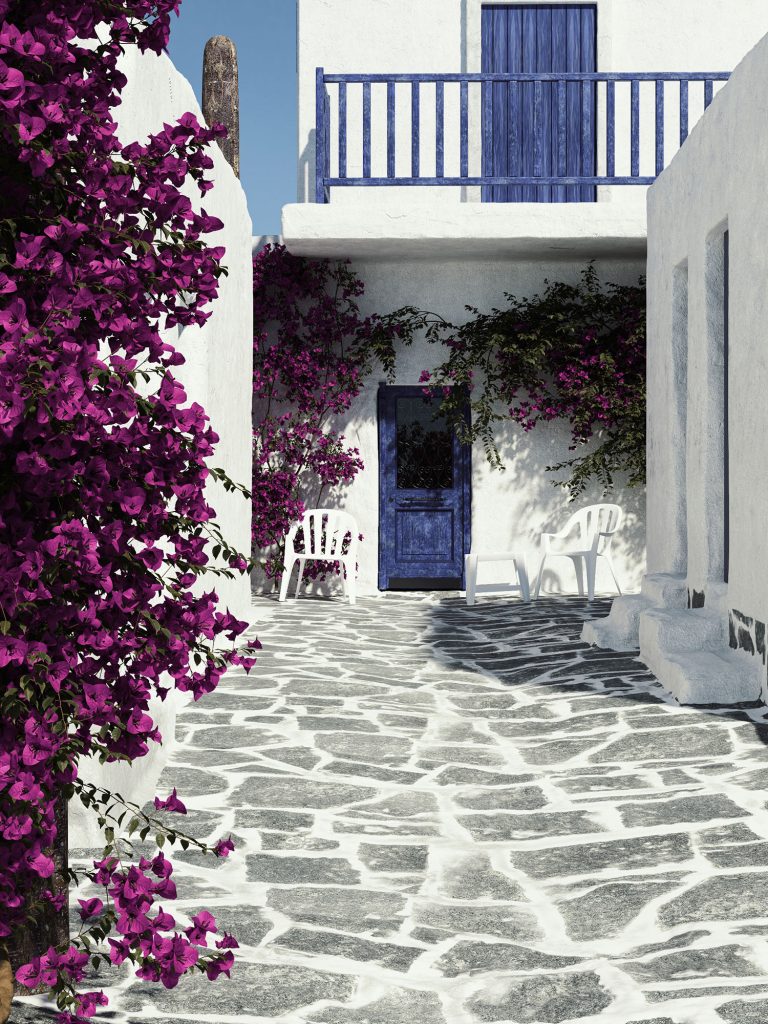 white and blue traditional village greek house