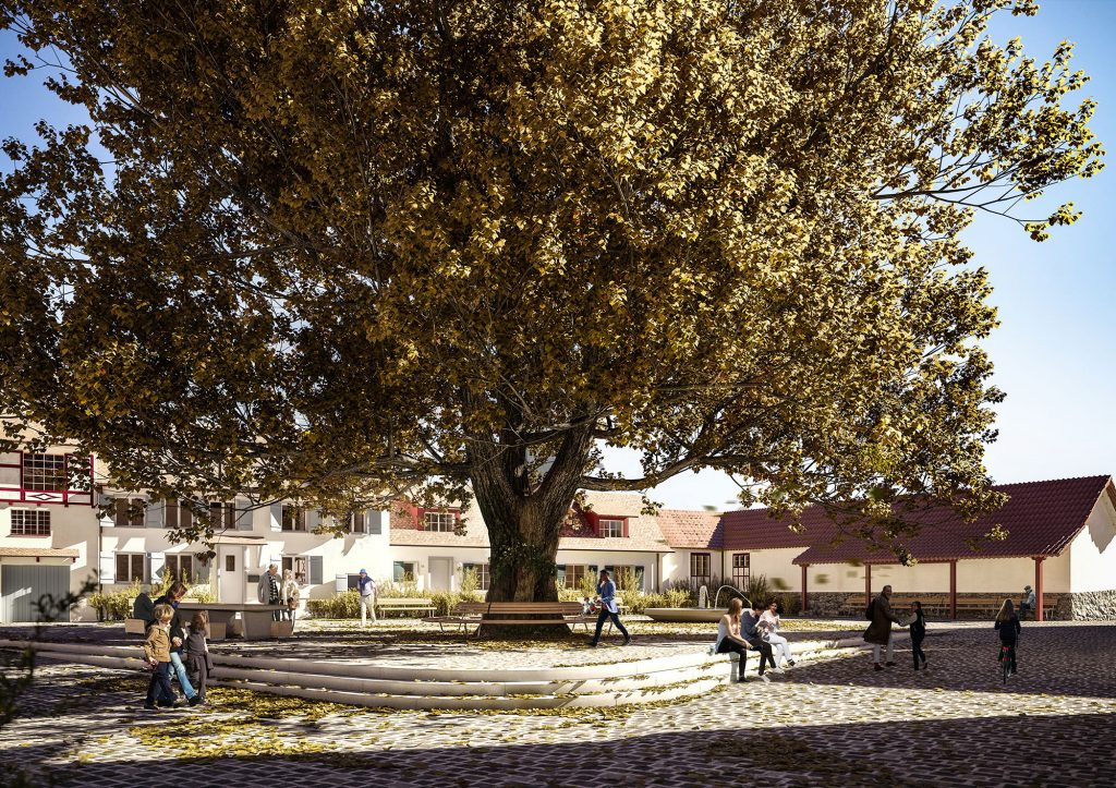 Nimm Platz virtual reality metaverse of big green tree in residential area with bench and people