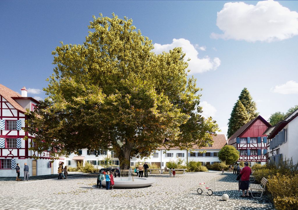 Nimm Platz virtual reality metaverse of big green tree and residential area with playground and fountain