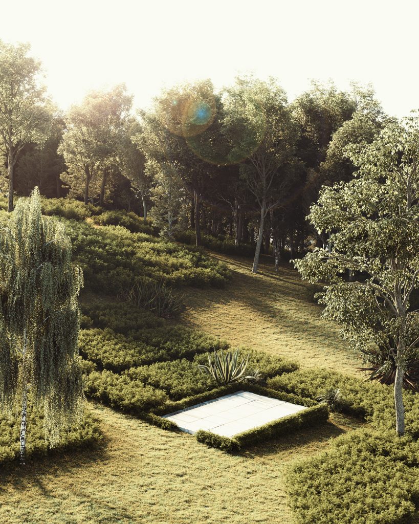 virtual reality of garden and forest to medidate