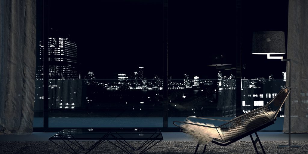 chair and table at night in new york towers high-end architectural visualization