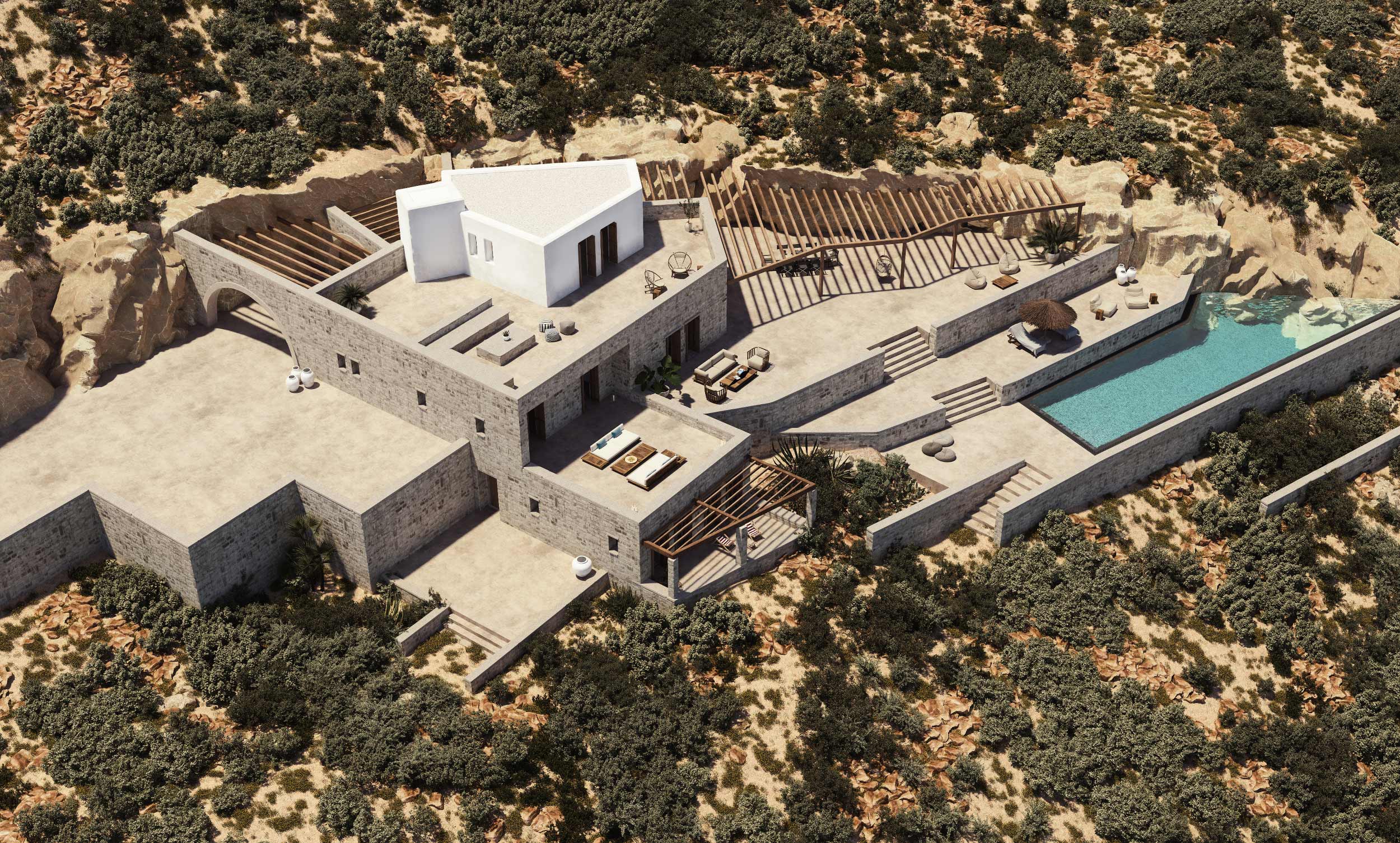Architectural Animation - residence in sifnos with swimming pool and bushes