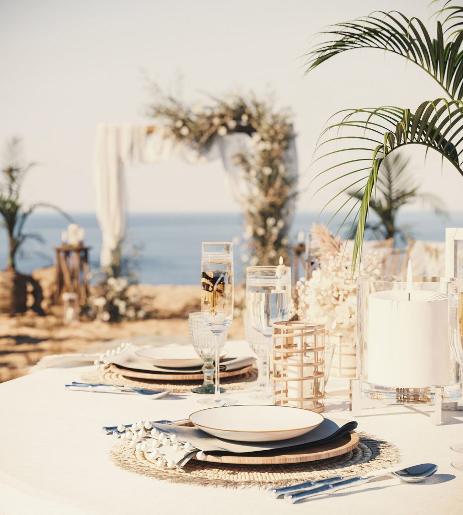 visualization detail of plates and glasses at greek wedding