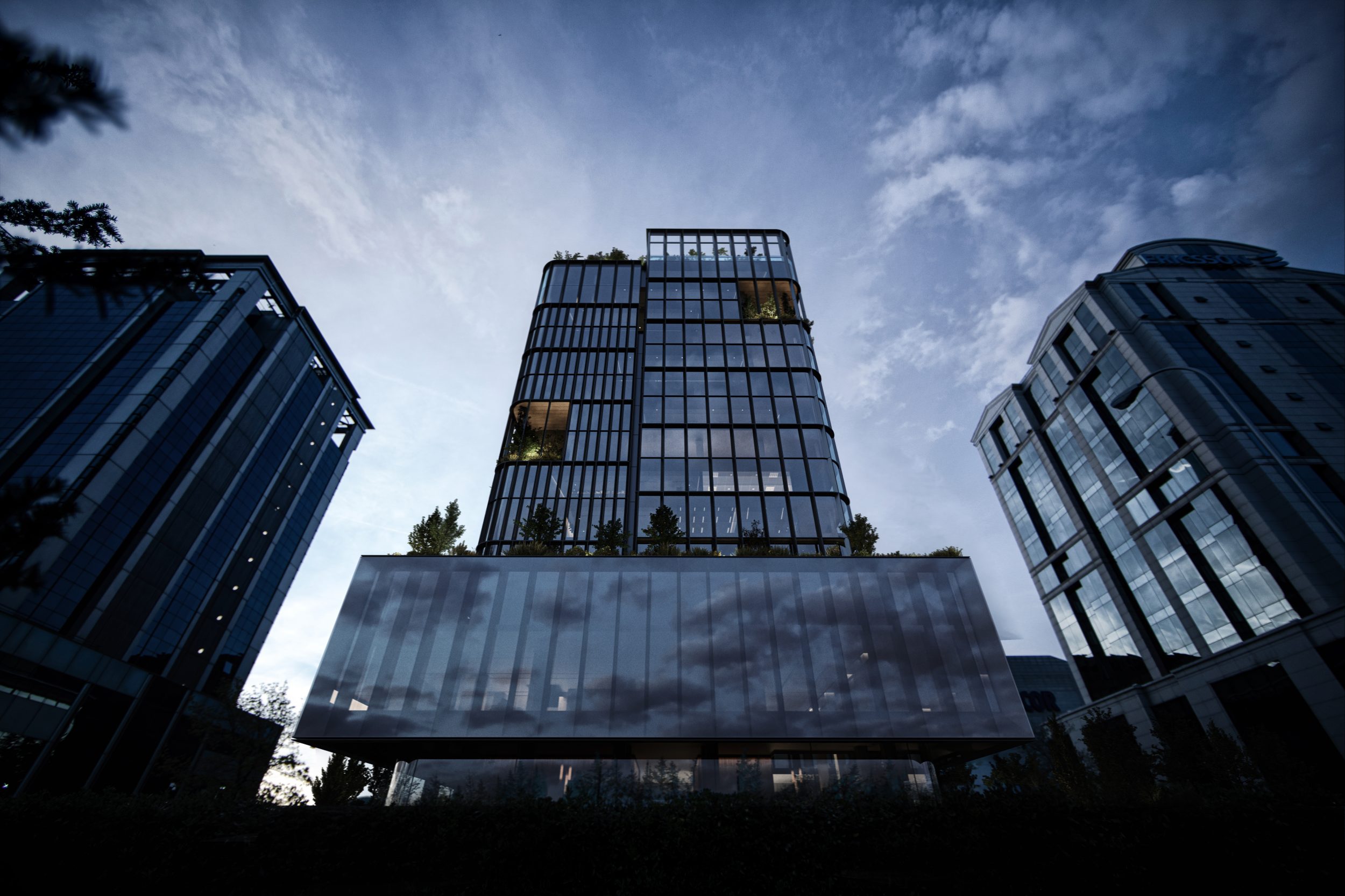 glass building with plants and sky