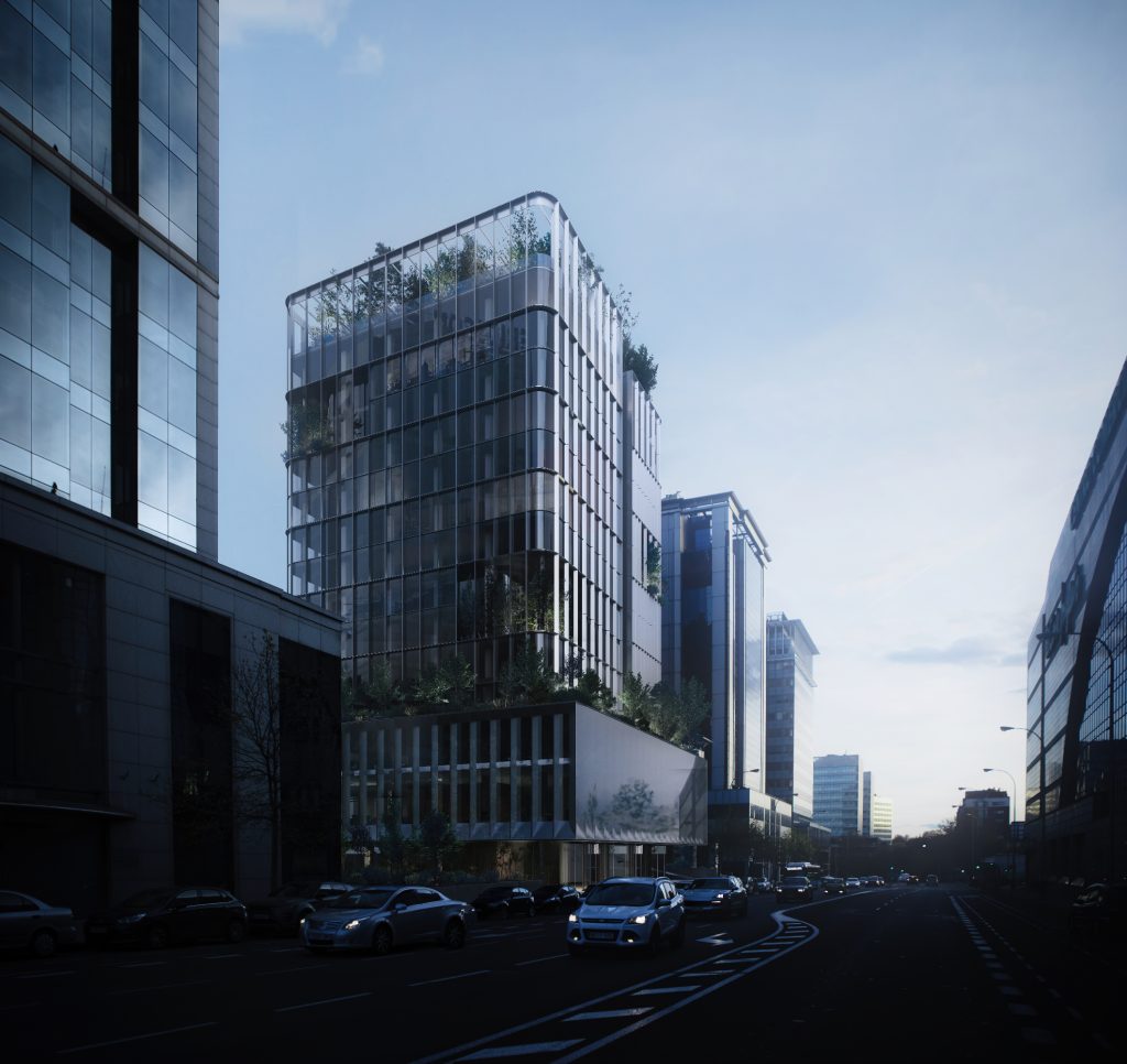 glass design building in city with modern cars