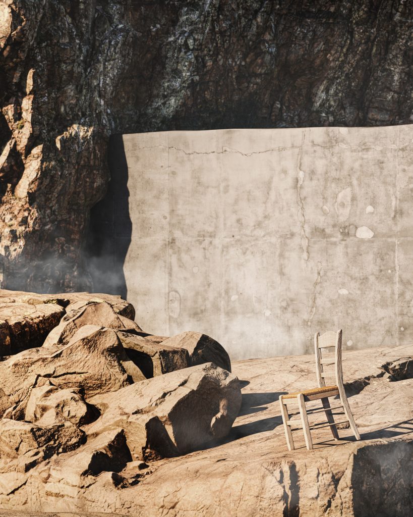 design chair in a desert mountain with rock