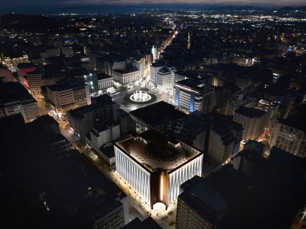 3D architectural visualization of minion building from above during the night