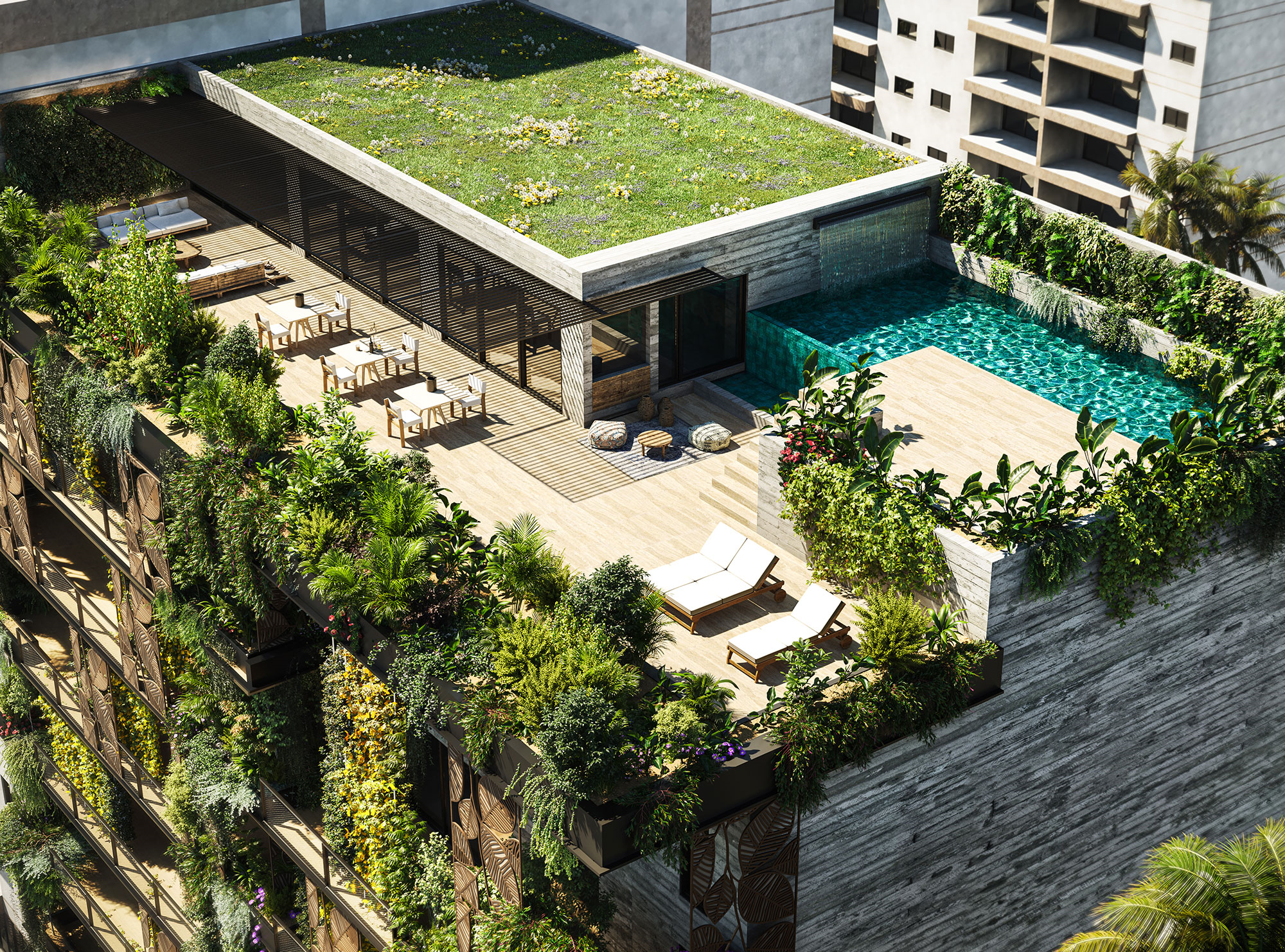 green building architectural visualization rooftop with plants and pool in alexandre rotier green building in ivory coast