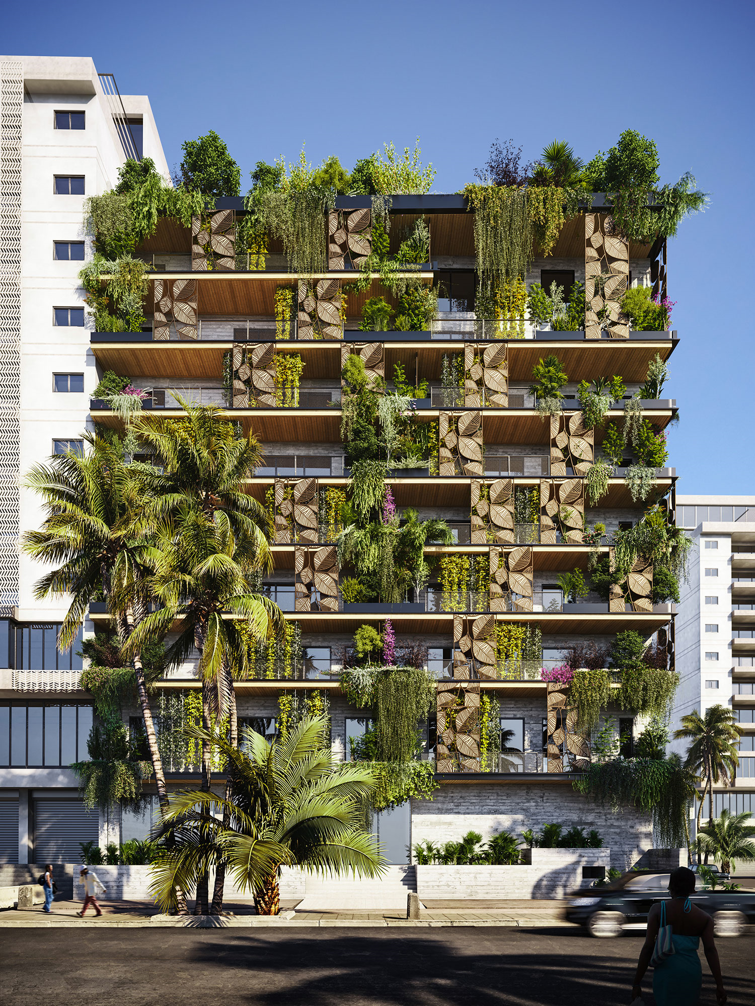 green building front view of organic building alexandre rotier green building in ivory coast high-end architectural visualization