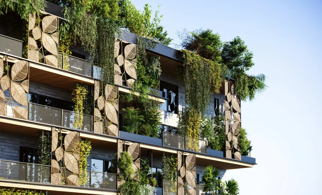 green building architectural visualization of building with plants and nature in ivory coast