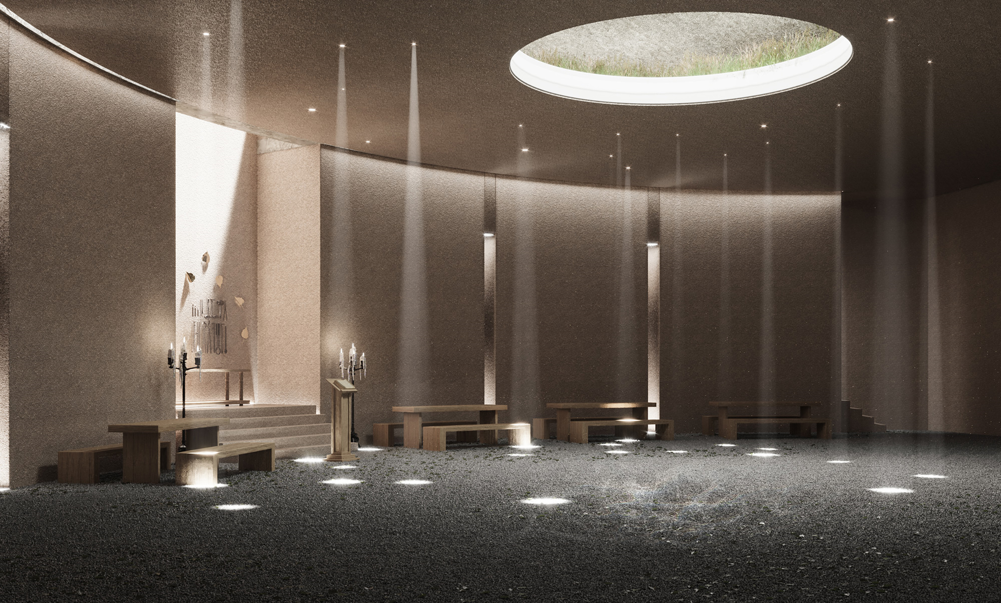 terra high-end architectural visualization of chapel interior modern with soft light and candles