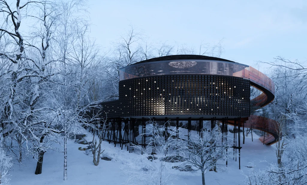 terra high-end architectural visualization spital building in snow forest