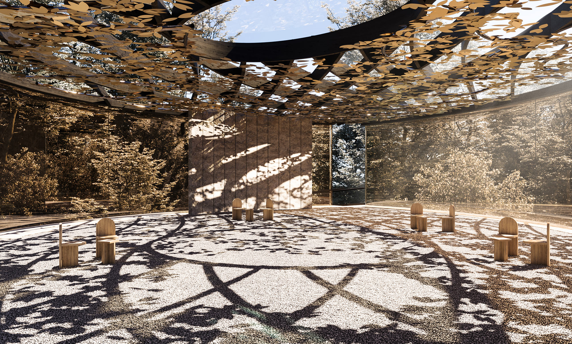 high-end visualization organic building with earth, wood and stones