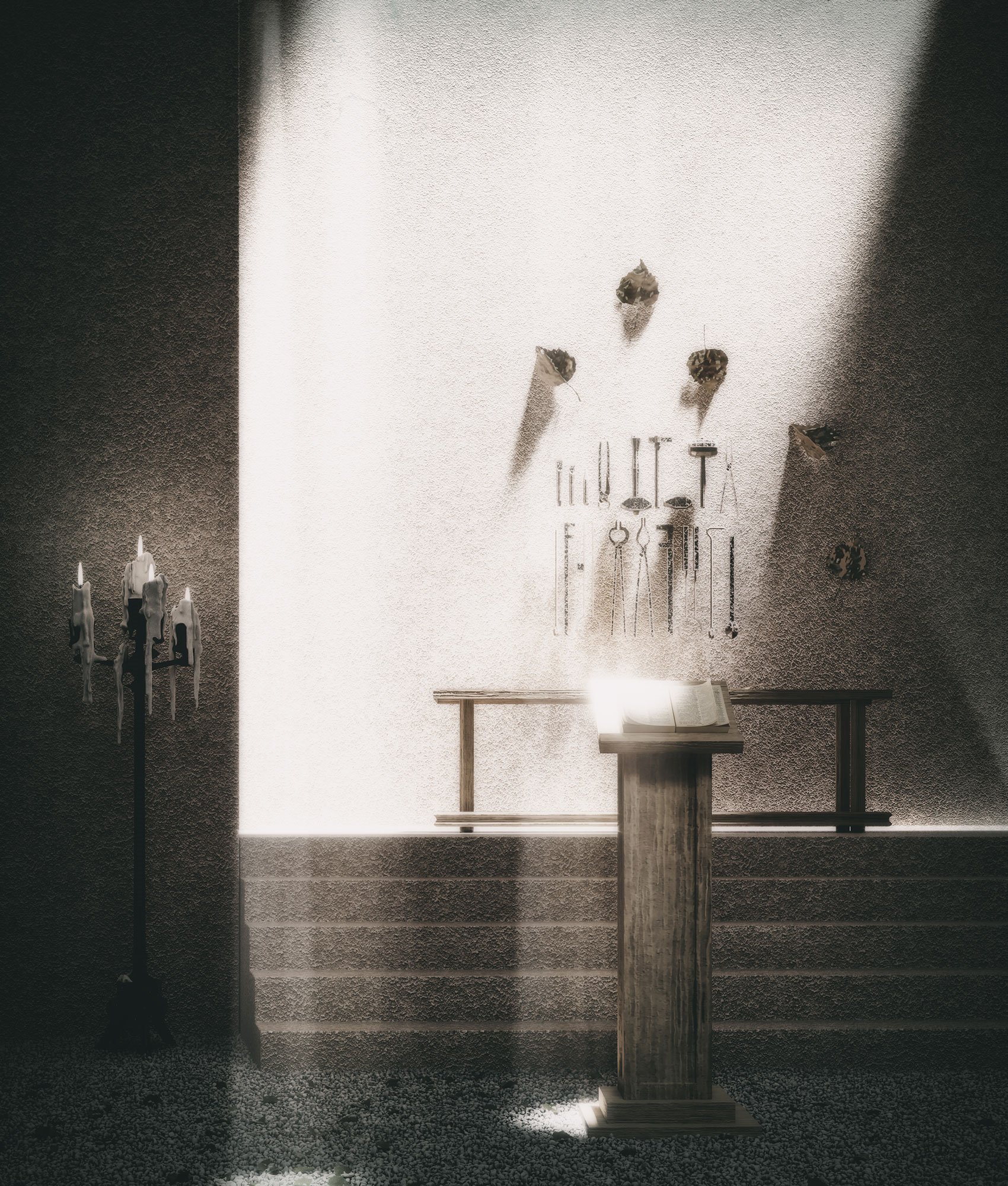 terra chapel with lectern and instruments hanging on the wall