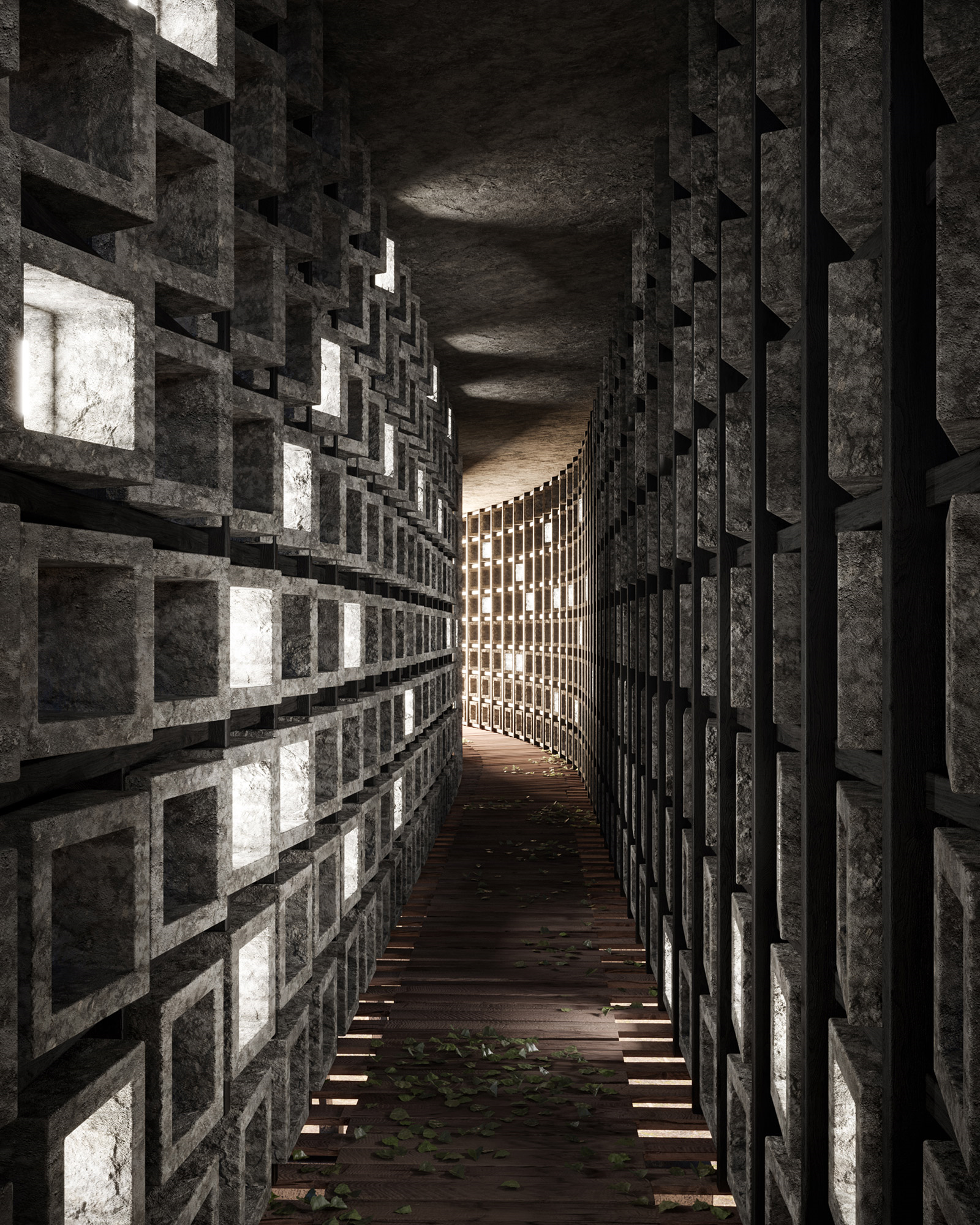 terra high-end visualization of dark modern futuristic corridor between buildings