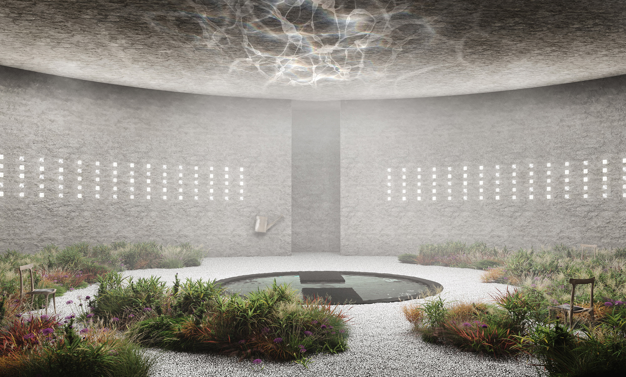 terra high-end visualization interior building with pond, plants and stones