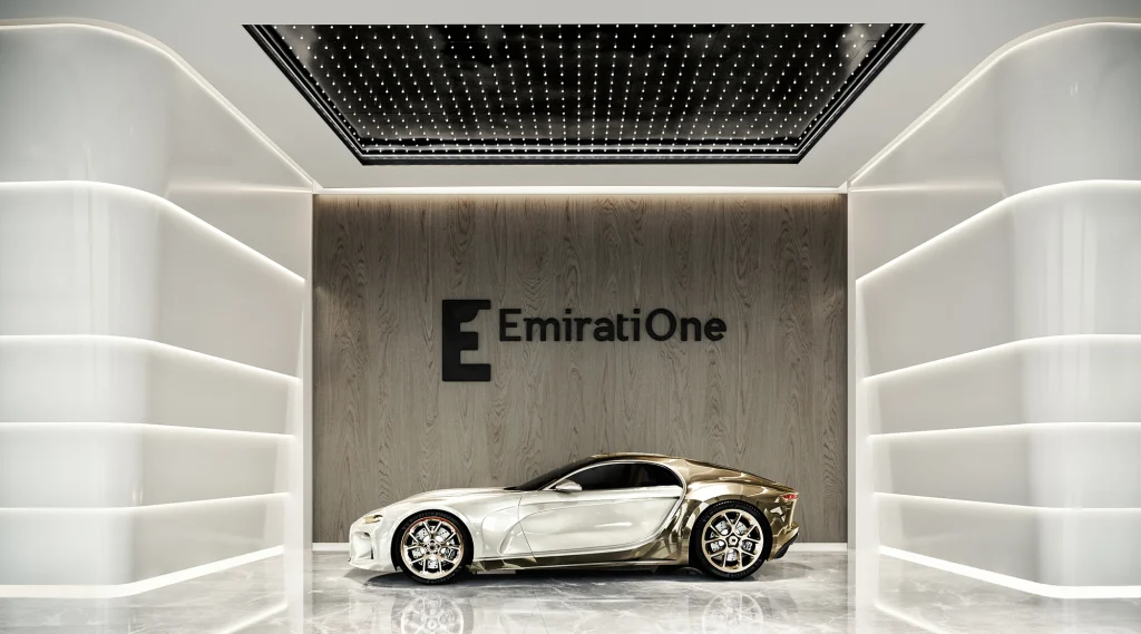 A high-end architectural visualization of the carshow emiratione with modern spot car