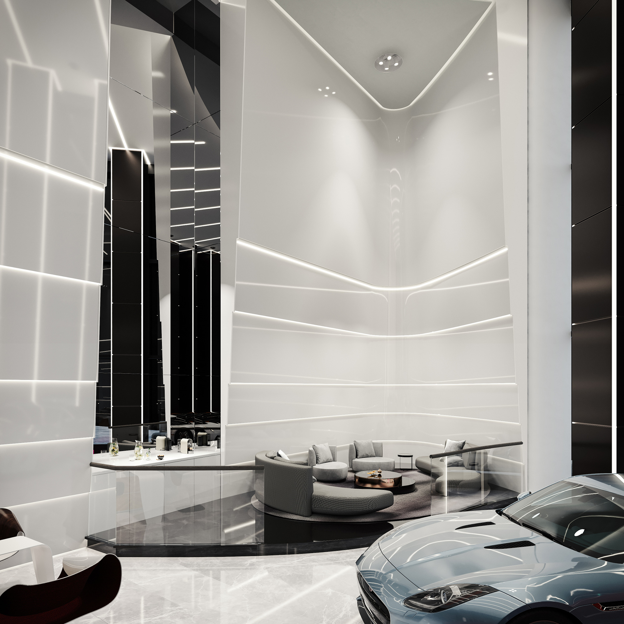 A high-end architectural visualization of a carshow light room with car in united arab emirates