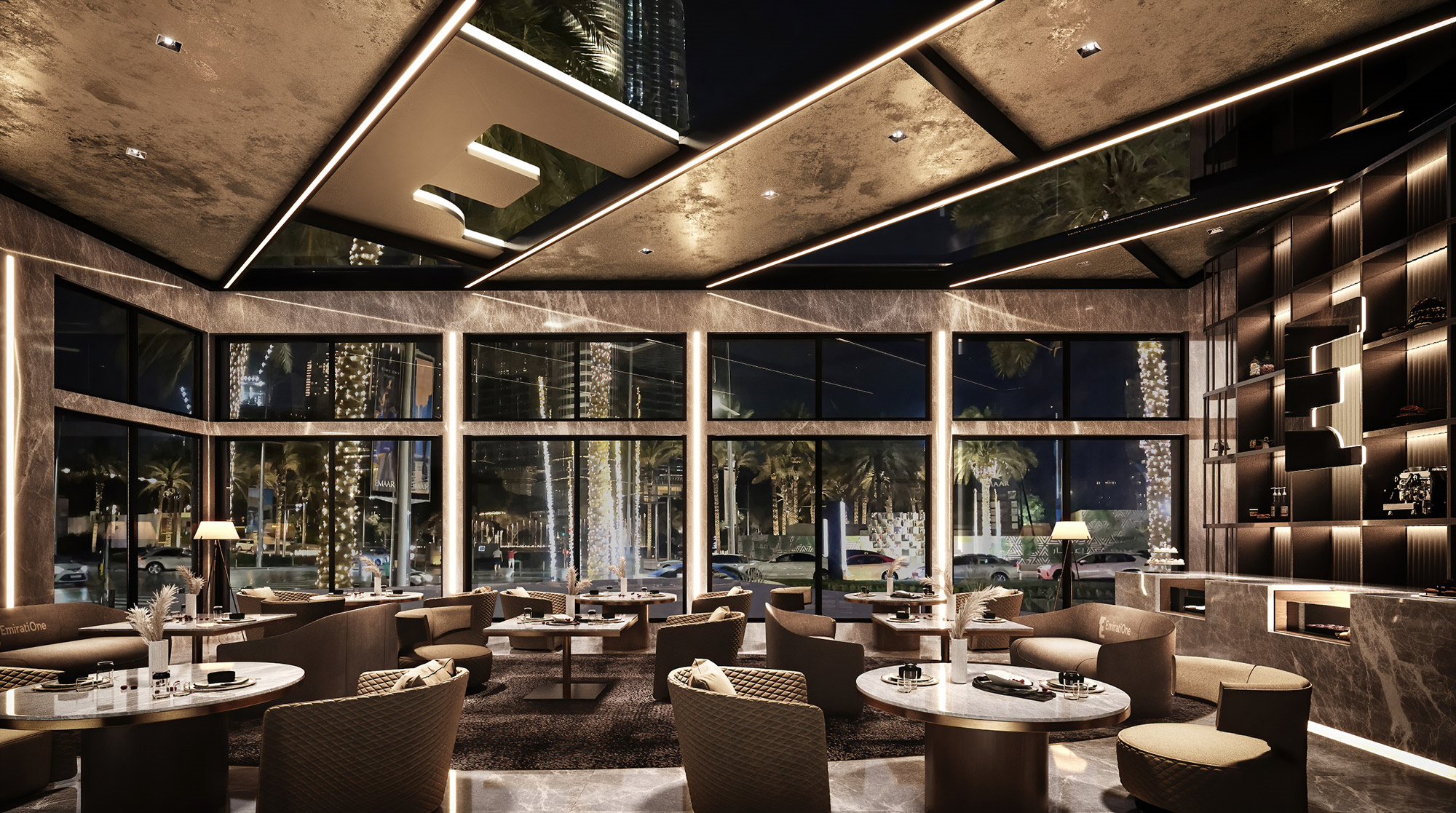 A high-end architectural visualization of a carshow light saloon in united arab emirates