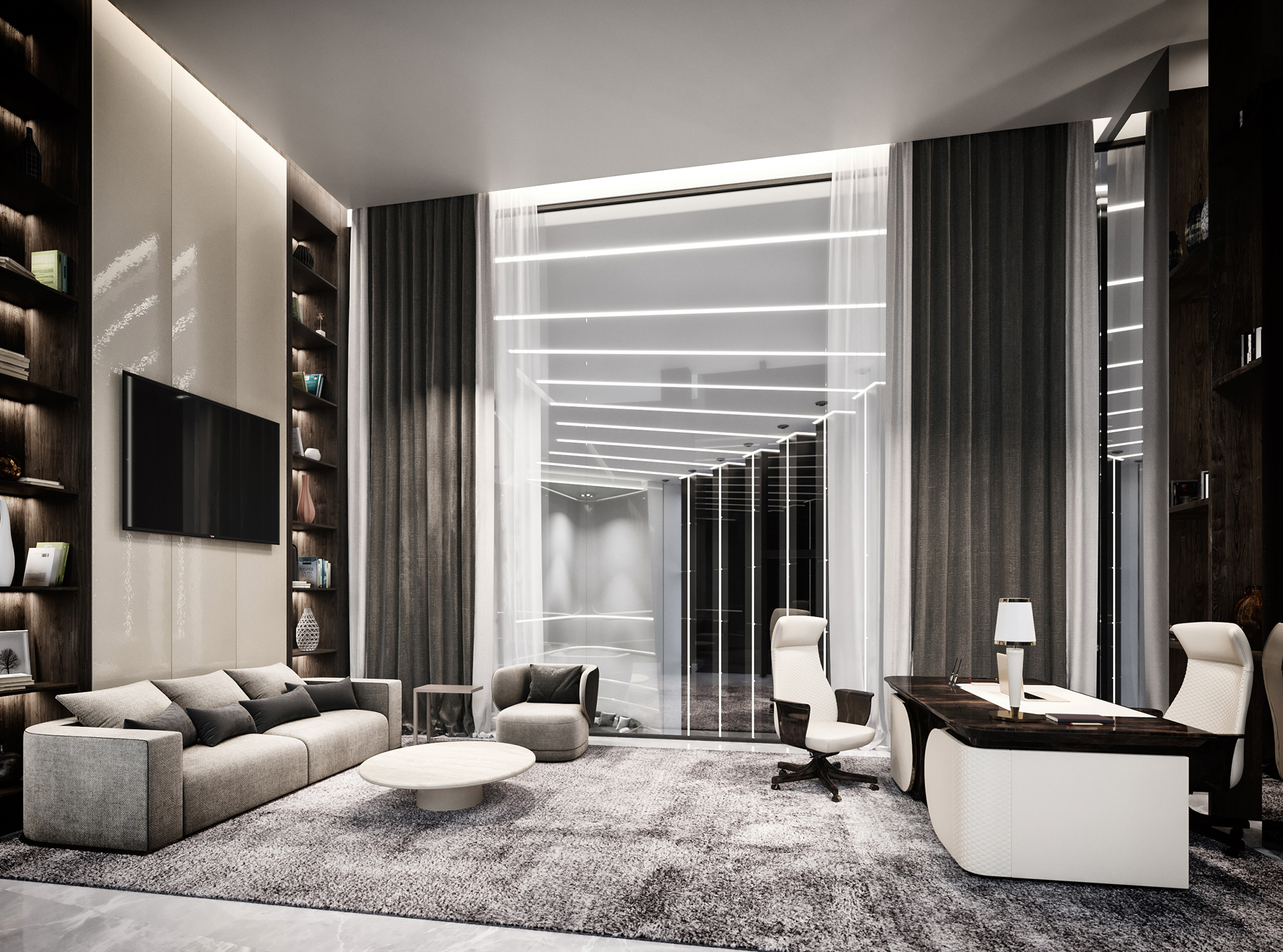 high-end visualization of black and white carshow room interior