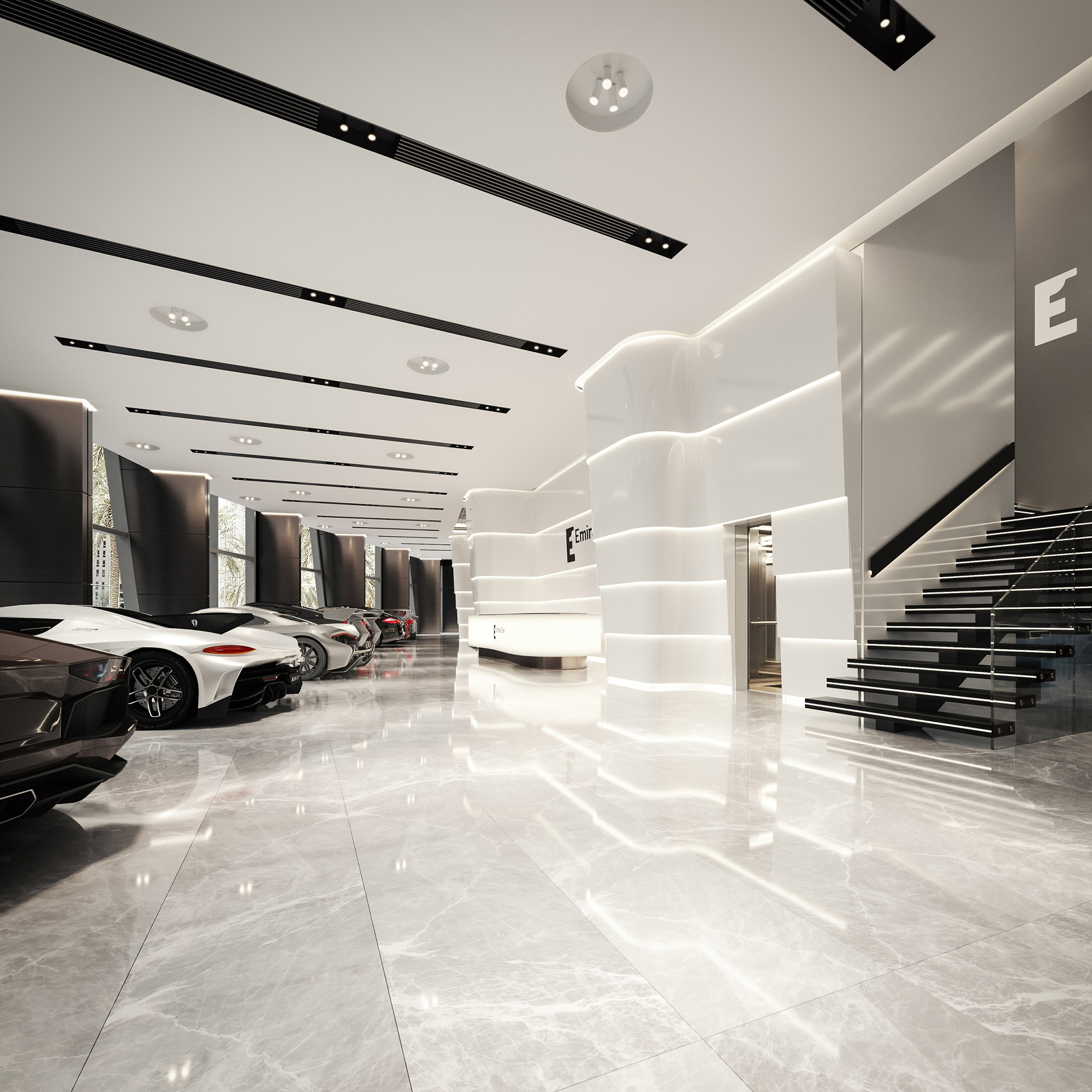 A high-end architectural visualization of a white modern carshow