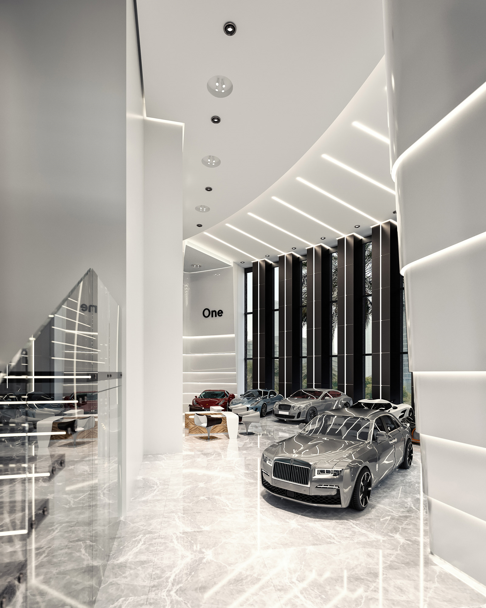 a modern carshow with white light