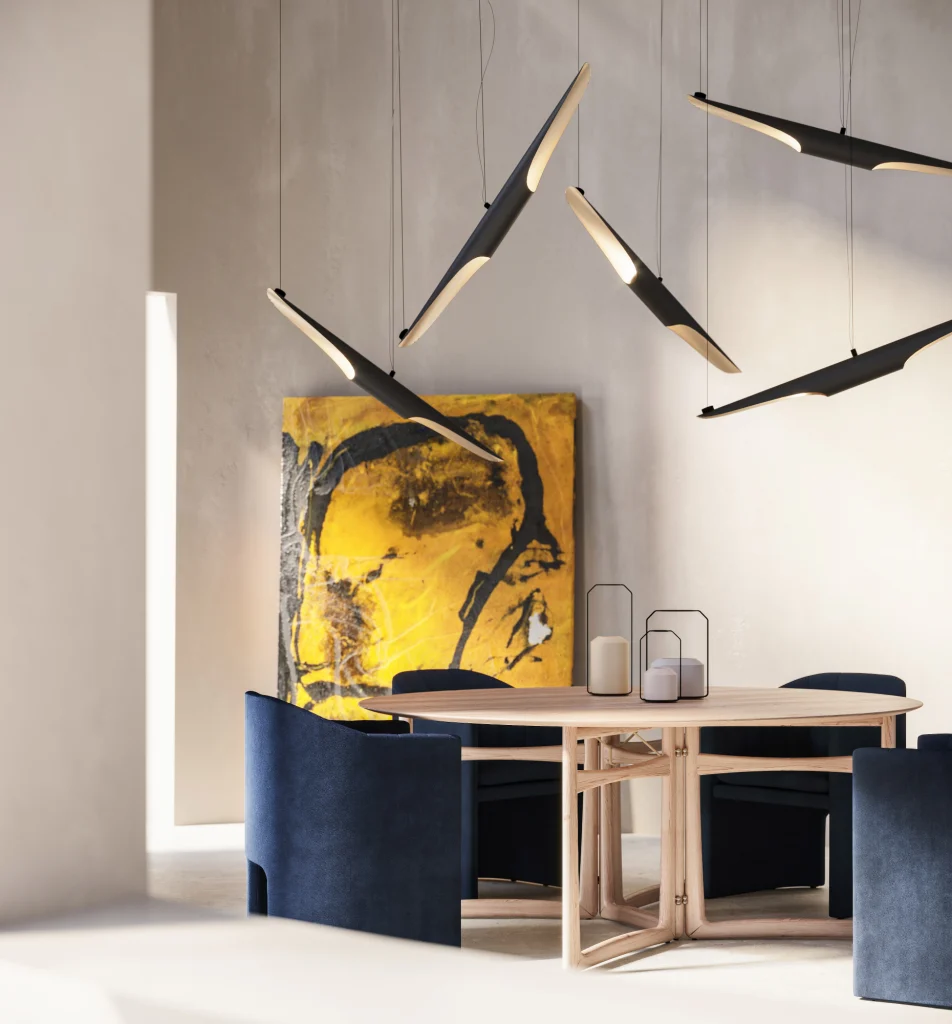 borgogna product minimalistic 3d visualization of wooden table and chairs with abstract painting and lamps