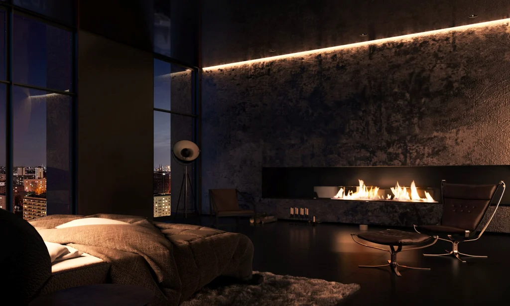 Real Estate 3D Visualization of warm modern room with lightfire in kaleidoscope hotel berlin