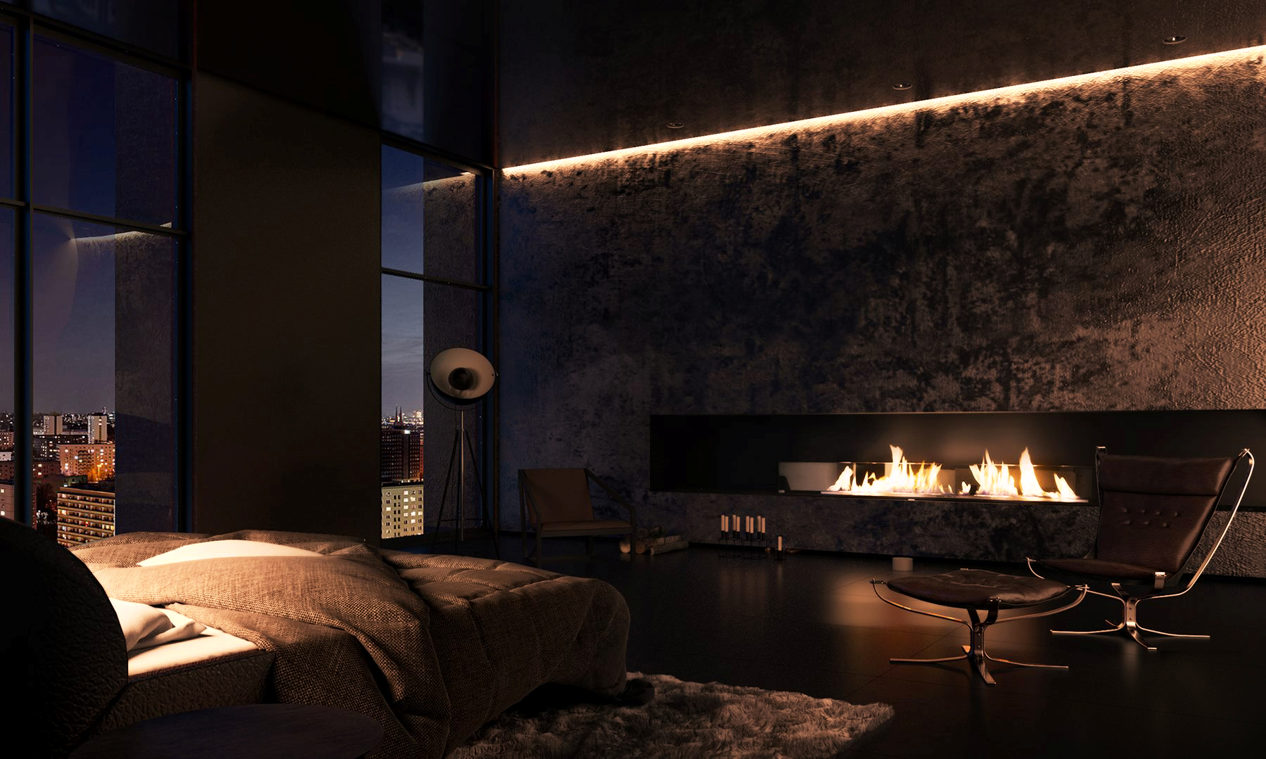 Real Estate 3D Visualization of warm modern room with lightfire in kaleidoscope hotel berlin