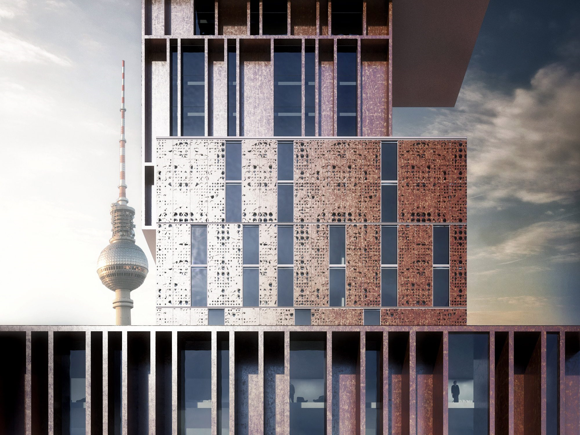 front view of kaleidoscope hotel in berlin by ferminnan and spagnoletta high-end architectural visualization