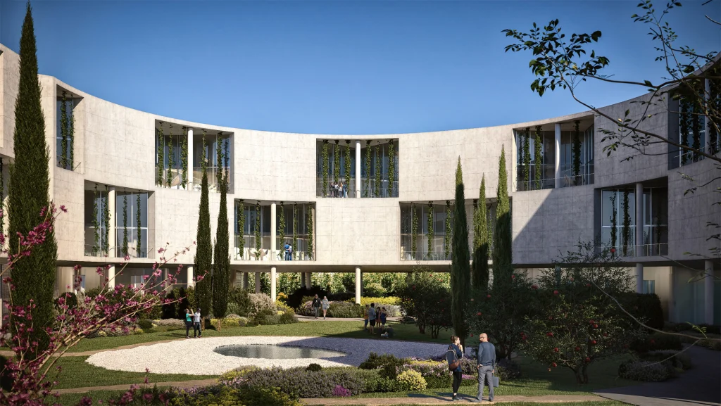 Student Housing architectural visualization of building with pond and garden in cyprus university