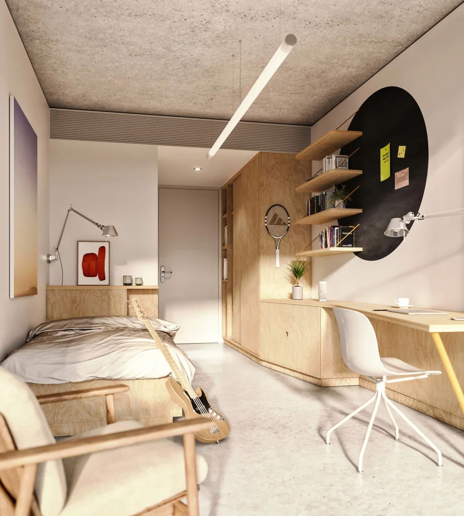 Student Housing interior design of a modern room with white light in cyprus university
