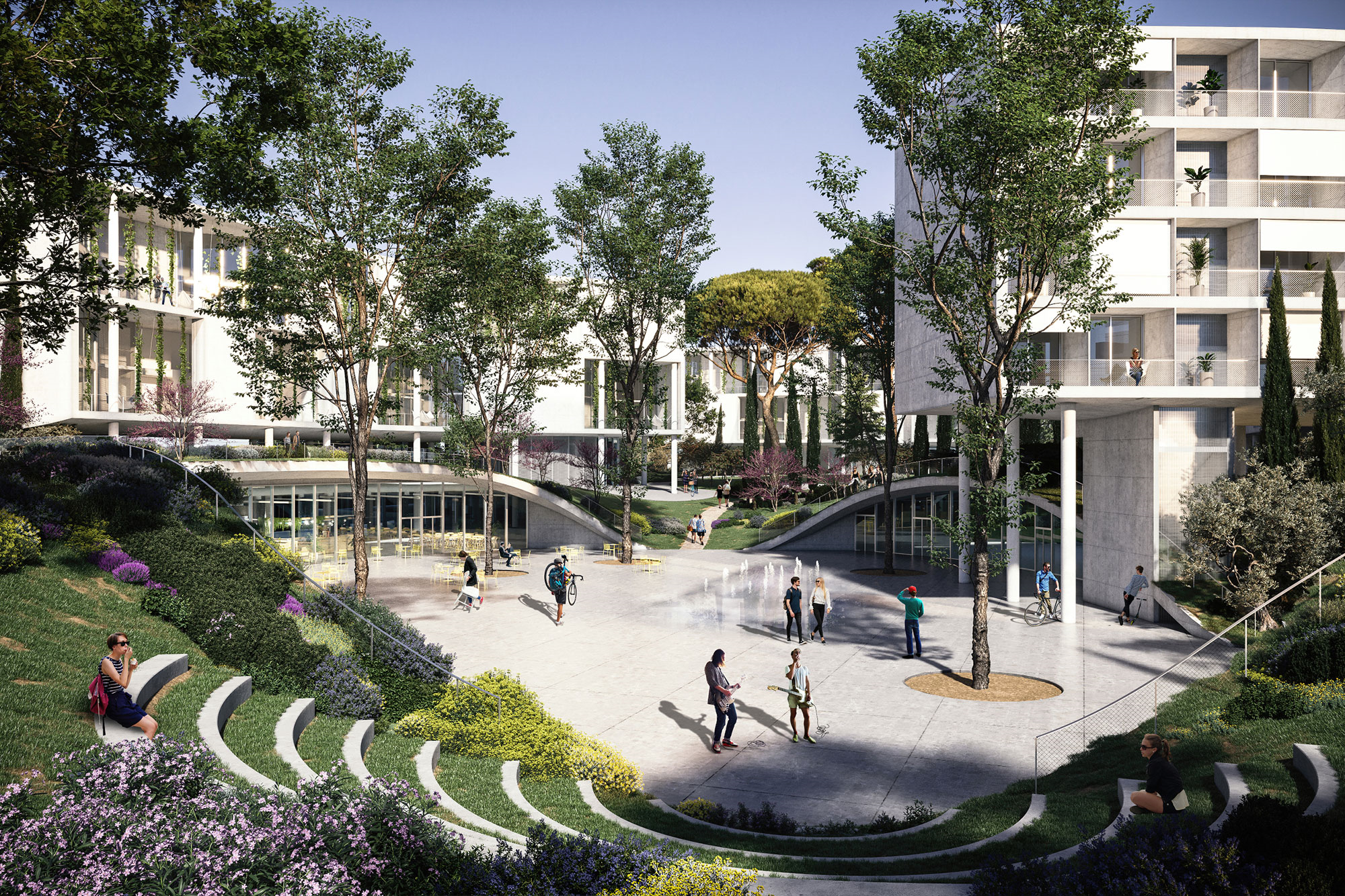 Student Housing Landscape Architecture Visualization of courtyard with benches, trees and people in cyprus university