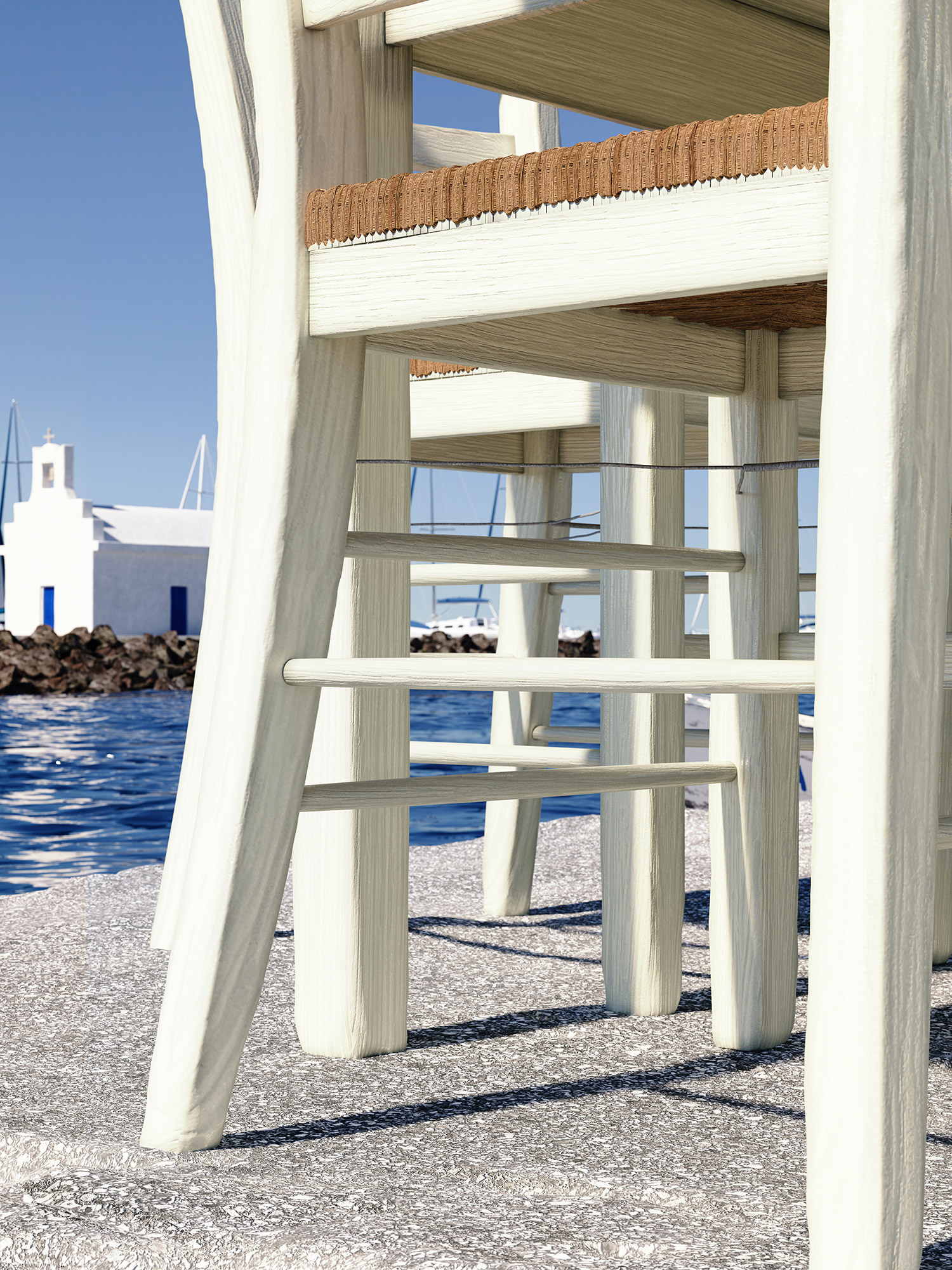 Stin Ygeia Mas detail of leg of white chair in greek island